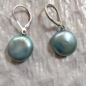 925 Sterling Silver Flat Coin Pearl Dangling Leverback Earrings!!!